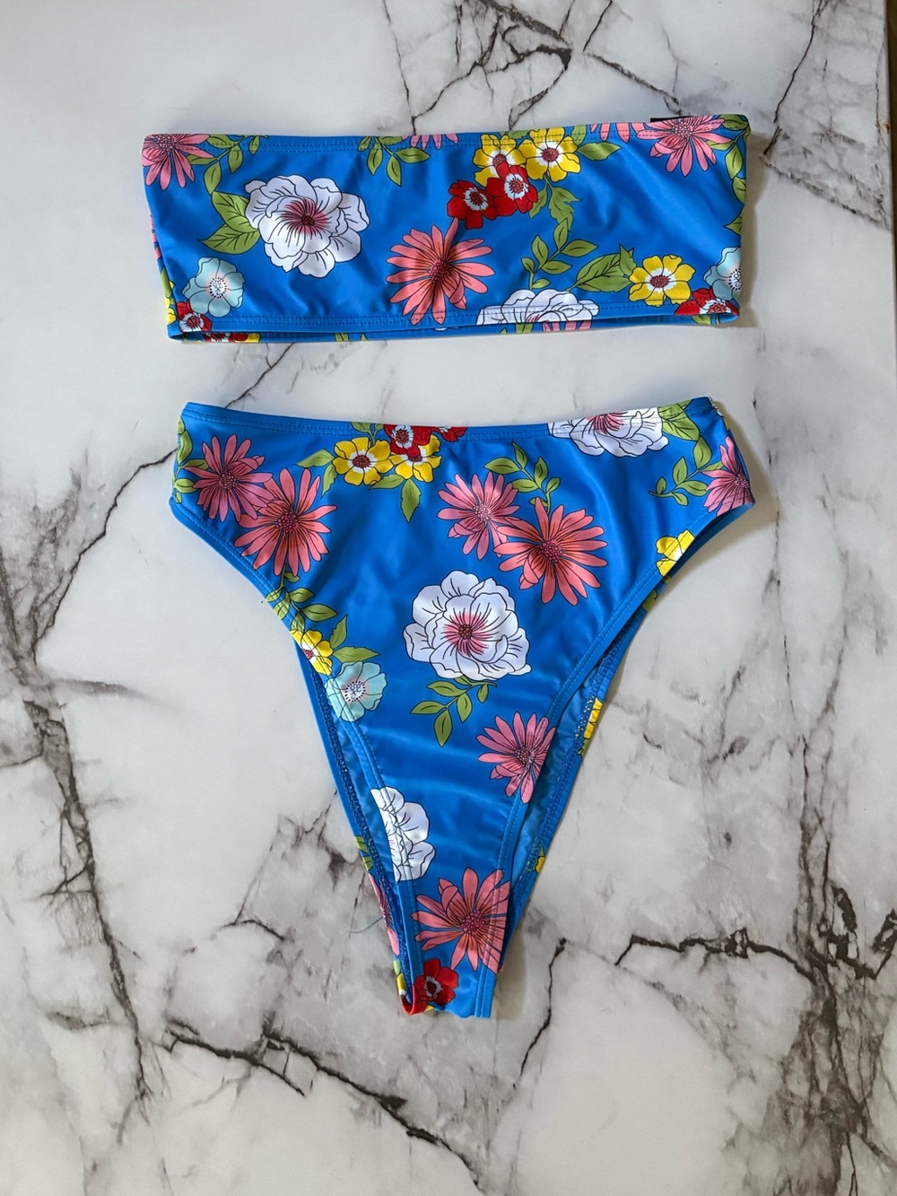 Nasty Gal Blue Floral Bandeau High cut High Waisted Bikini Set - Size 6